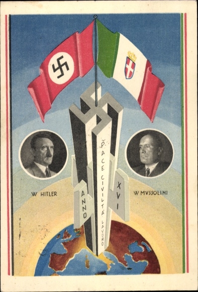 Ak Adolf Hitler, Benito Mussolini, Achse Berlin Rom, Weltkugel, Fahnen, Staatstreffen 1938