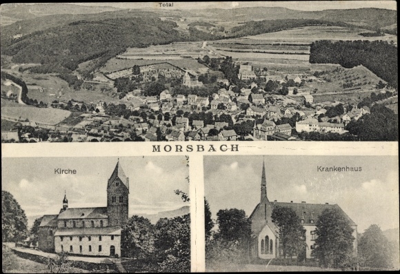 Ak Morsbach in de wijk Oberberg, overzicht, kerk, ziekenhuis
