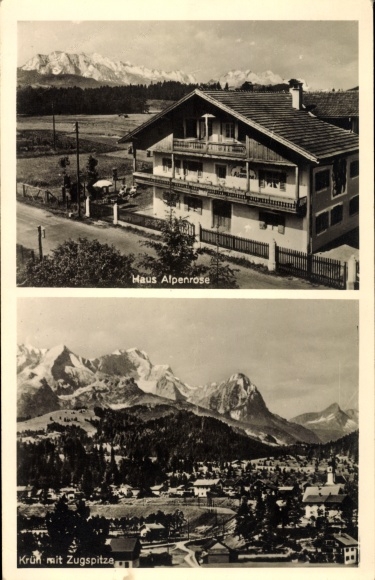 Postcard Krün Oberbayern, Haus Alpenrose, owner Hans Mayr, Zugspitze