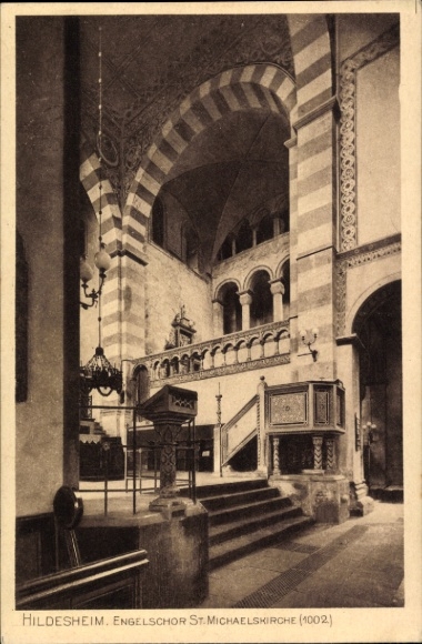 Postcard Hildesheim in Lower Saxony, Angel Choir St. Michaelis Church, stairs, columns, architecture