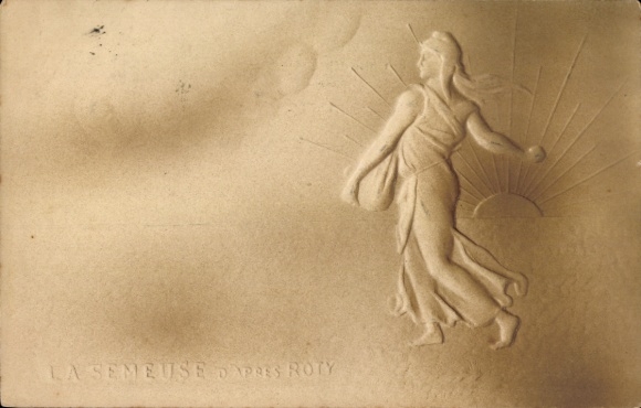 Embossed Postcard Woman sowing, field, sunrise, agriculture