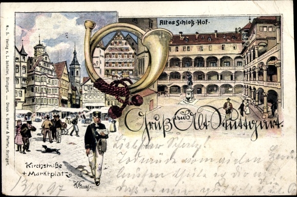 Künstler Litho Fuchs, Karl, Stuttgart in Baden Württemberg, Kirchstraße, Marktplatz, Altes Schloss