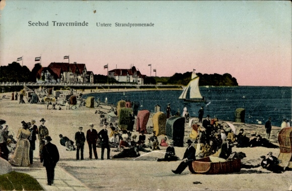 Ak Ostseebad Travemünde Lübeck, badplaats Lower Beach Promenade, strandstoelen, zeilboot