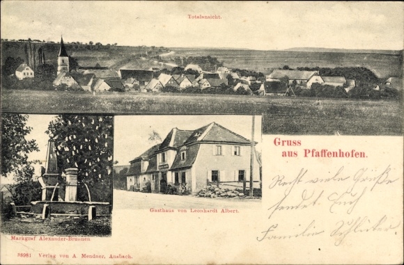 Postcard Pfaffenhofen Burgbernheim Middle Franconia, general view, Margrave Alexander Brunnen, inn