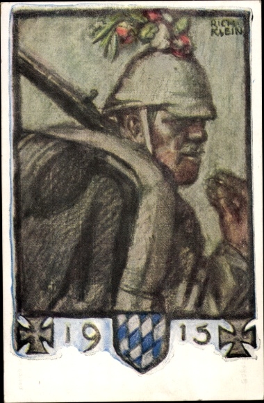 Artist Postcard Klein, Richard, German Soldier, 1915, Bavarian War Invalids' Welfare