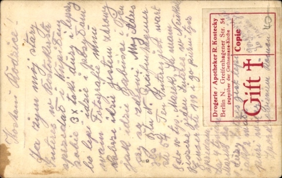 Photo Postcard Berlin Prenzlauer Berg, Gethsemane Drugstore, Pharmacist R. Kostecky, Greifenhagener Str. 54
