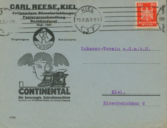 Envelope, Carl Reese, Kiel, office equipment, bookbinding, Continental typewriter