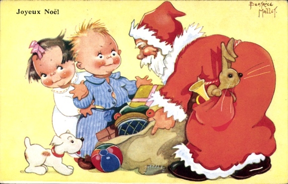 Artist Postcard Mallet, B., Congratulations Christmas, Santa Claus, children, gifts, dog