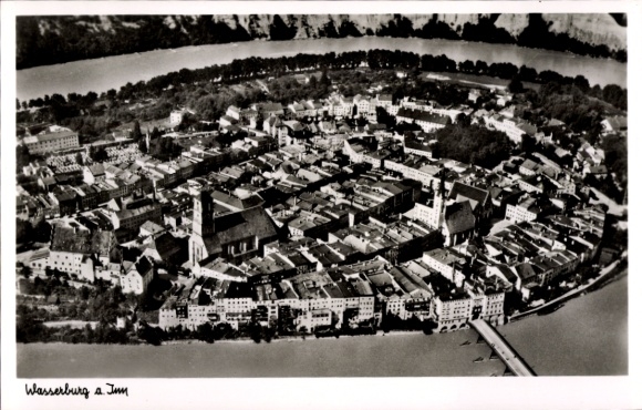 Postcard Wasserburg am Inn Upper Bavaria, aerial photograph of Wasserburg, town layout, black and white