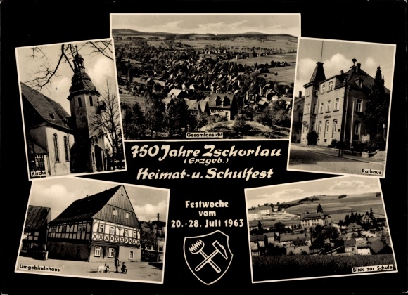 PC Zschorlau Erzgebirge, general view, town hall, school, church, half-timbered house
