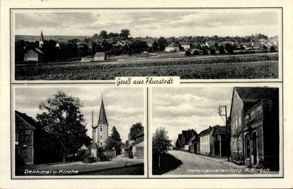 Postcard Flurstedt Apolda in Thuringia, monument, church, material store by A. Kirsch