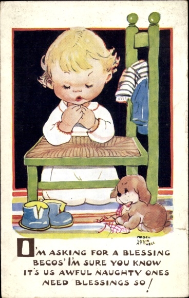 Künstler Ak Attwell, M. L., Betendes Kind, Hund, Stuhl