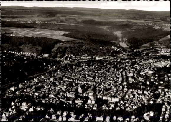 Postcard Schwäbisch Gmünd im Remstal, Sankt Salvator, aerial view of river, forests, residential areas