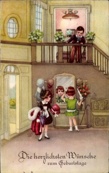 Postcard Happy birthday, guests in the foyer