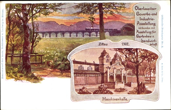 Kunstenaarskaart Zittau Oberlausitz, Opper-Lausitz handels- en industrietentoonstelling 1902, machinehal