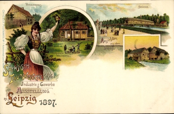 lito Lipsk, Saksonia. Turyngia. Wystawa przemysłowo-handlowa 1897, strój ludowy, most, gospodarstwo rolne
