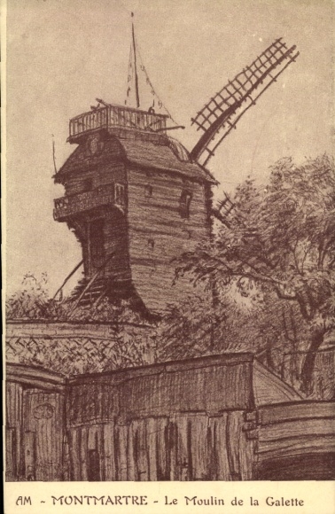 Ak Paris XVIII Montmartre, Moulin Rouge, Le Moulin de la Galette, Windmühle, Zeichnung, Holzbau, 