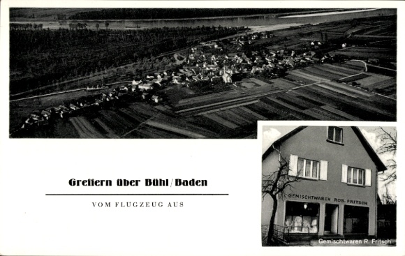 Ak Greffern Rheinmünster am Rhein, Fliegeraufnahme, Geschäft R. Fritsch
