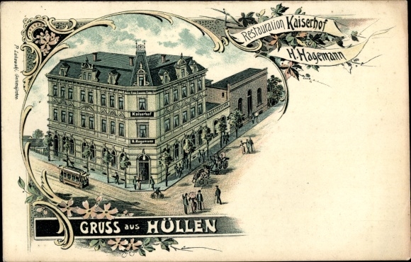 Chromo-Litho covers Gelsenkirchen in the Ruhr area, restoration Kaiserhof, tram