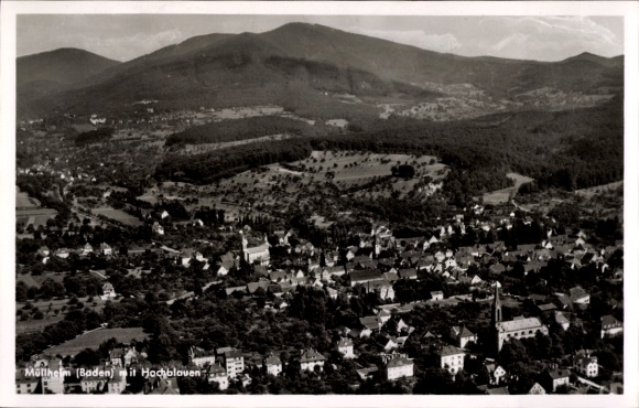 Postcard Müllheim in Baden Markgräflerland, landscape with mountains, city view, black and white photography