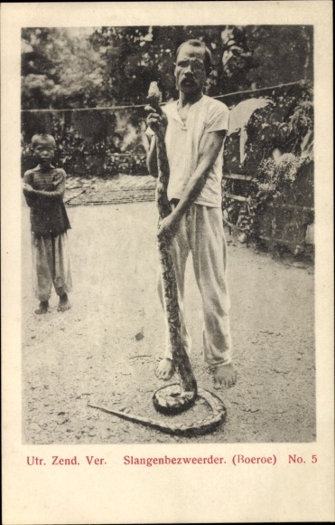 Postcard Indonesia, snake charmer, snake, child