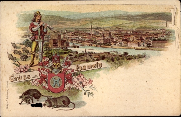 Wapen litho Hamelen aan de Weser Nedersaksen, zicht op de plaats, rattenvanger