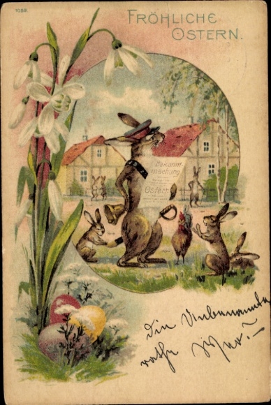 Chromo-Litho congratulations Easter, Easter bunnies, Easter eggs, snowbells
