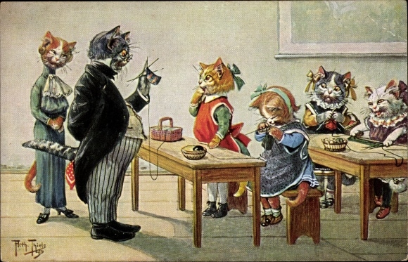 Artist Postcard Thiele, Arthur, humanized cats in school, handicraft lessons, knitting