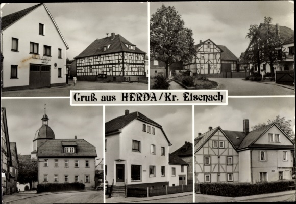 Postcard Herda Berka on the Werra Thuringia, fire brigade equipment house, community council, culture hall, consumption