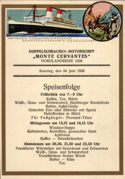 Ak Doppelschrauben-Motorschiff Monte Cervantes, HSDG, Speisenfolge