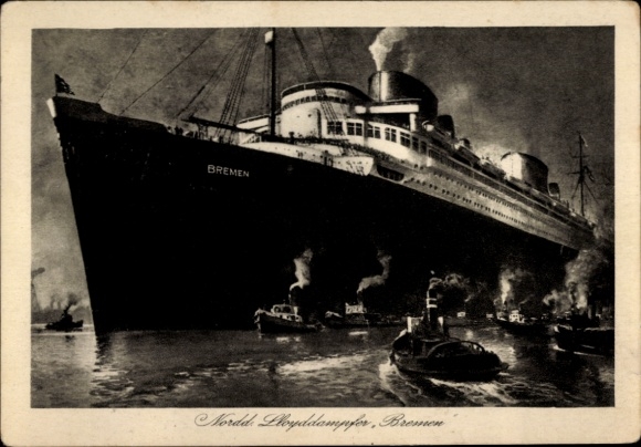 Postcard four-screw turbine express steamer Bremen, North German Lloyd Bremen, tug