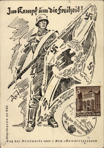 Künstler Ak Axster Heudtlaß, Tag der Briefmarke 1941, Wehrmachtsoldat, Im Kampf um die Freiheit