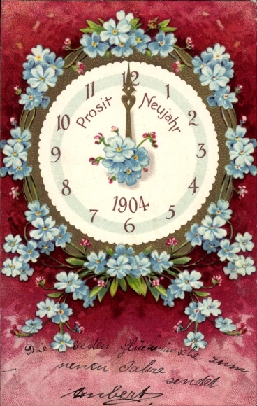 Embossed Chromo-Litho Congratulations New Year 1904, Clock, Forget-me-not