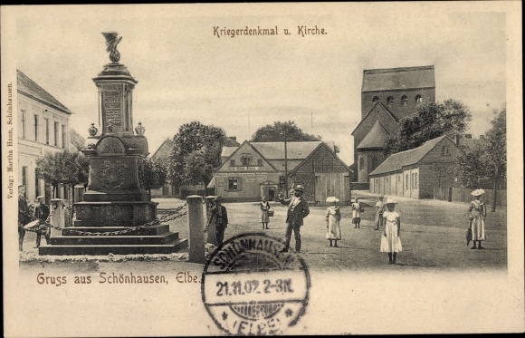 Postcard Schönhausen an der Elbe, war memorial, church