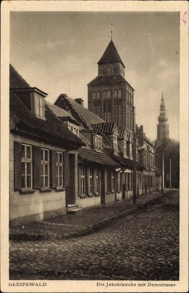 Postcard Greifswald in Mecklenburg-Western Pomerania, The Jakobikirche with Domstrasse