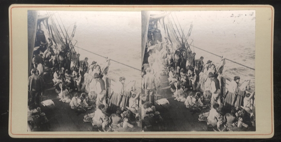 Stereo photo Italy, passengers on ship "Ravenna", St. Vincente, 4.10.1903