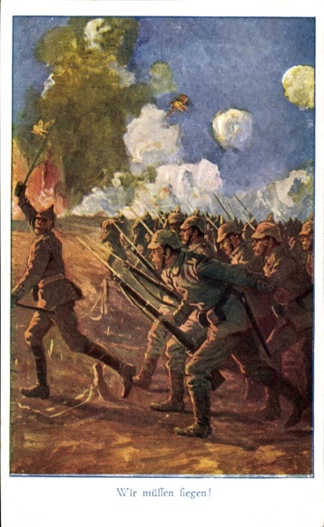 Artist Postcard We must win, German soldiers storm into battle