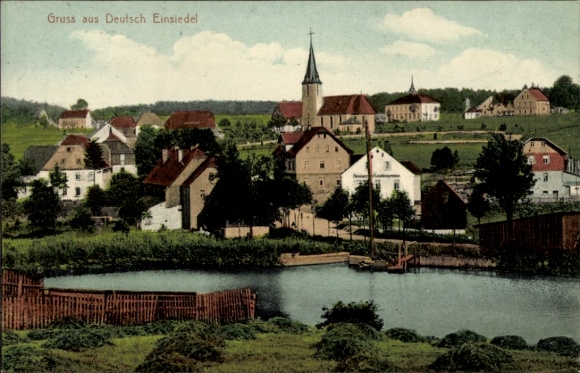 Ak Deutscheinsiedel Deutschneudorf in het Erzgebirge, algemeen beeld, kerk