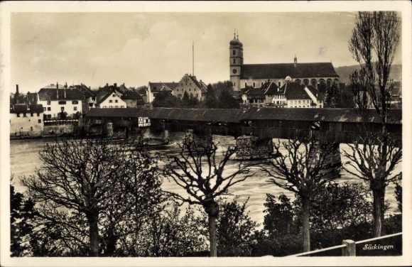Postcard Bad Säckingen on the High Rhine, bridge over river, church in the background, trees in the foreground