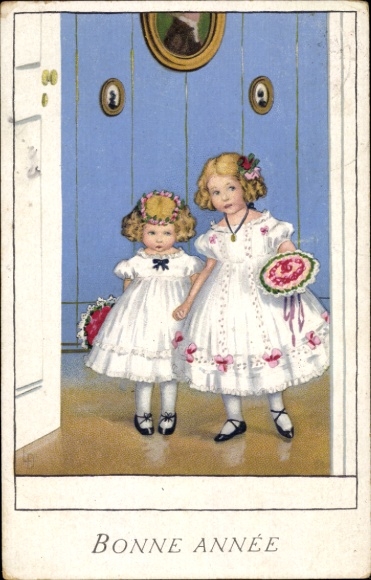 Artist Postcard Döring, L., Happy New Year, two girls, bouquet of flowers