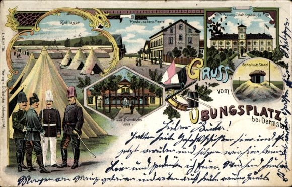 Chromo-Litho Darmstadt in Hesse, military training area, Prussian headquarters building, tent camp, restaurant