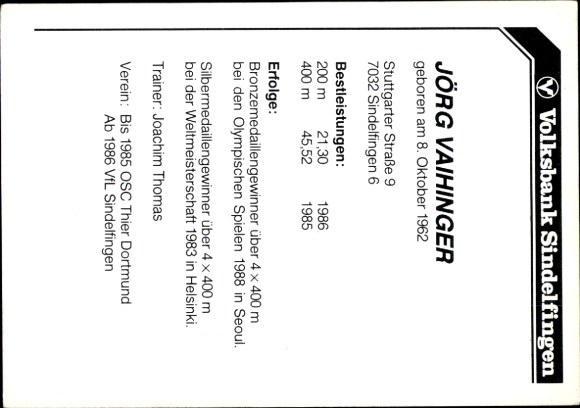 Postcard athlete Jörg Vaihinger, 400-meter runner, autograph