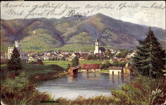 Kunstenaarskaart Oberammergau in Opper-Beieren, gedeeltelijk zicht met kerk