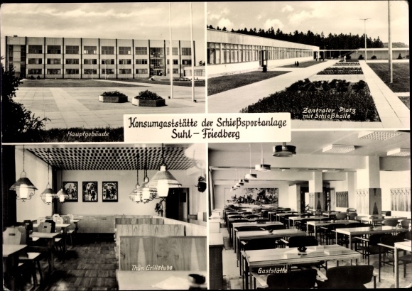 Postcard Friedberg Suhl Thuringia, consumer restaurant of the shooting range, main building, central square
