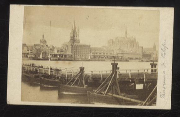 CdV Photo Cologne on the Rhine, panorama of the city with cathedral, Deutzer Schiffsbrücke