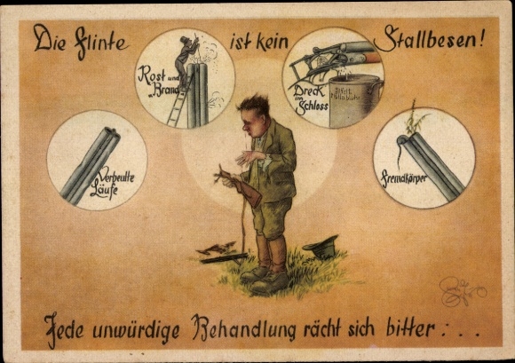 Artist Postcard Geilfus, H., The shotgun is not a stable broom, funny hunter's primer in pictures