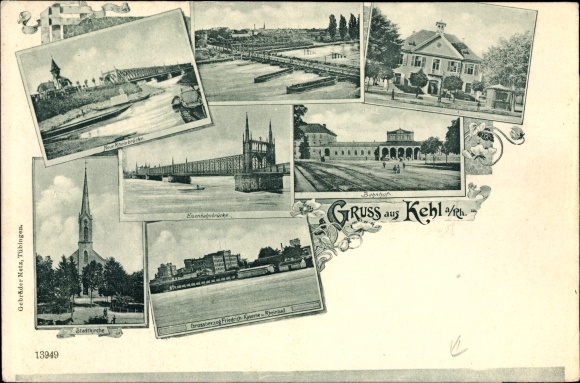 Ak Kehl am Rhein Ortenaukreis Baden Württemberg, Bahnhof, Schiffbrücke, Stadtkirche, Kaserne