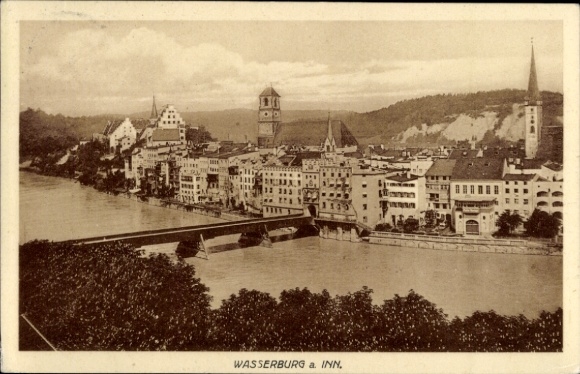 Postcard Wasserburg am Inn Upper Bavaria, city view of Wasserburg, Inn, buildings, river front