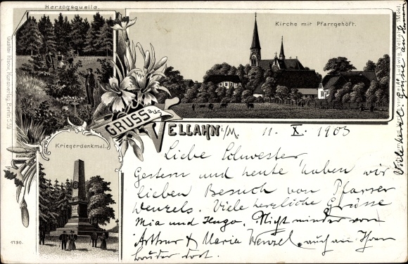 Chromo-Litho Vellahn in Mecklenburg, church, parish farmstead, ducal spring, war memorial