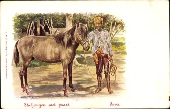 Kunstenaar Ansichtkaart Java Indonesië, Staljongen met Paard